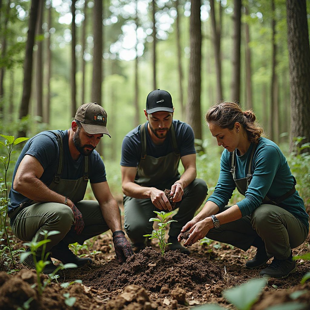 Team of environmentalists working in a forest restoration project