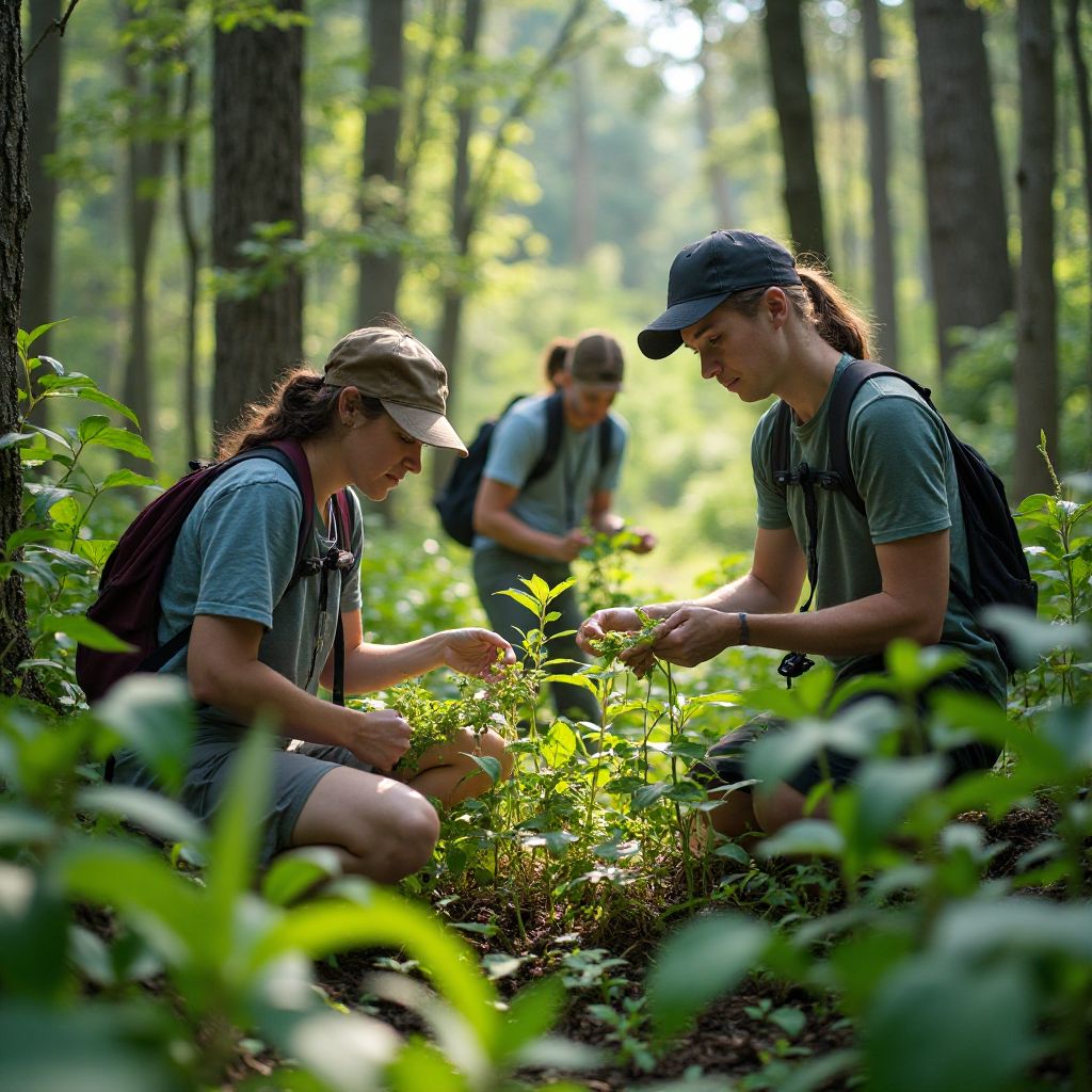 Researchers cataloging plant species in diverse ecosystem