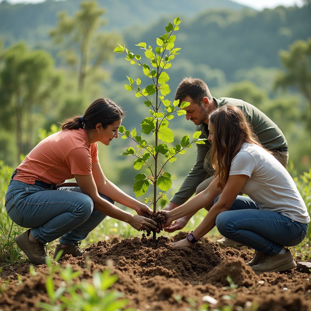 Reforestation project with volunteers planting trees