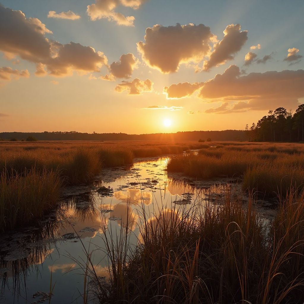 Sunset over restored wetland ecosystem