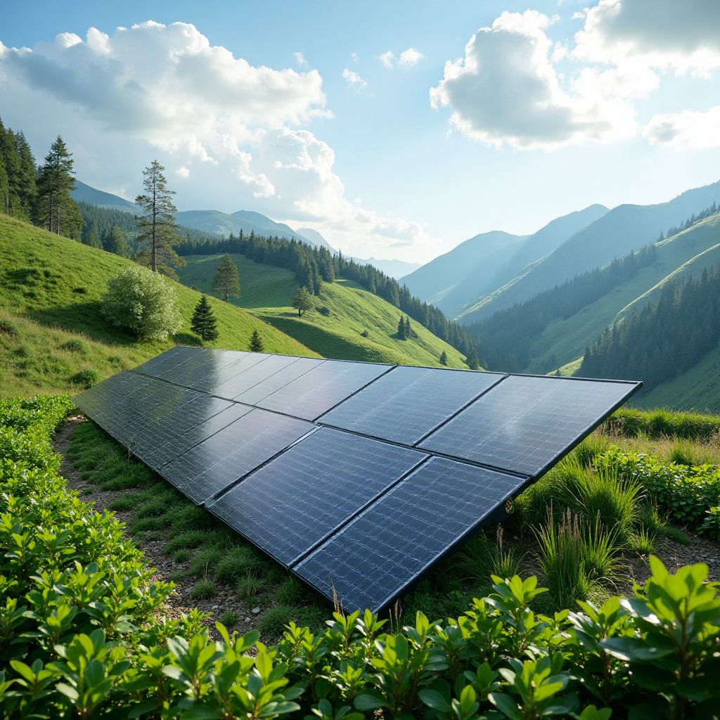 Solar panels installation in a green landscape